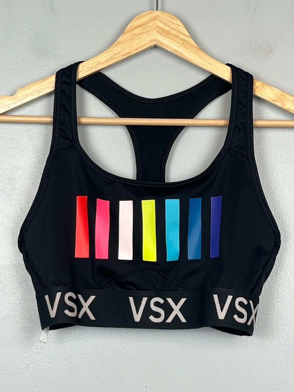 Victoria’s Sport VSX black rainbow stripe graphic racerback sports bra, medium.